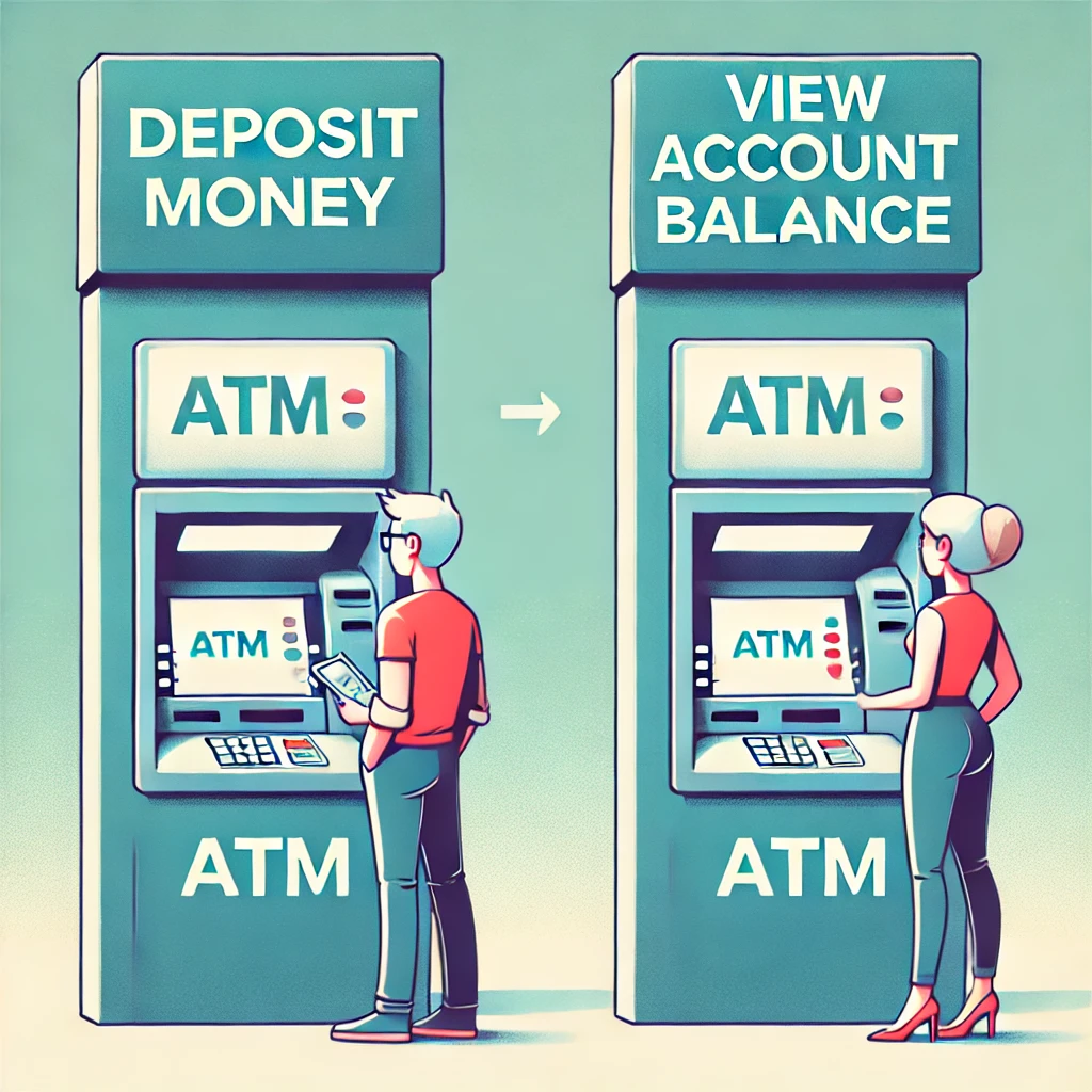 An example of separating commands and queries: the left ATM allows you to deposit money (command), and the right one shows your current balance (query).